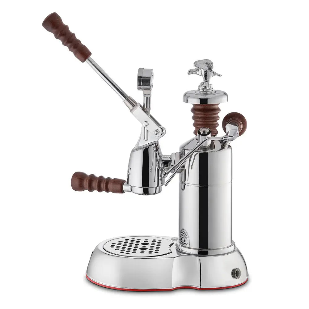 Side profile of the La Pavoni Esperto Abile lever coffee machine with the lever in the raised position.