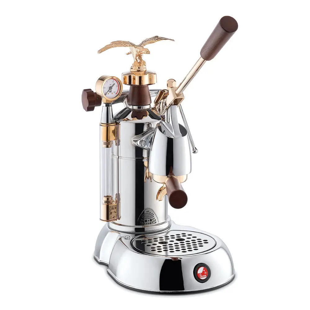 Angled view of the unique La Pavoni Expo lever coffee machine with its polished chrome and brass finishes.