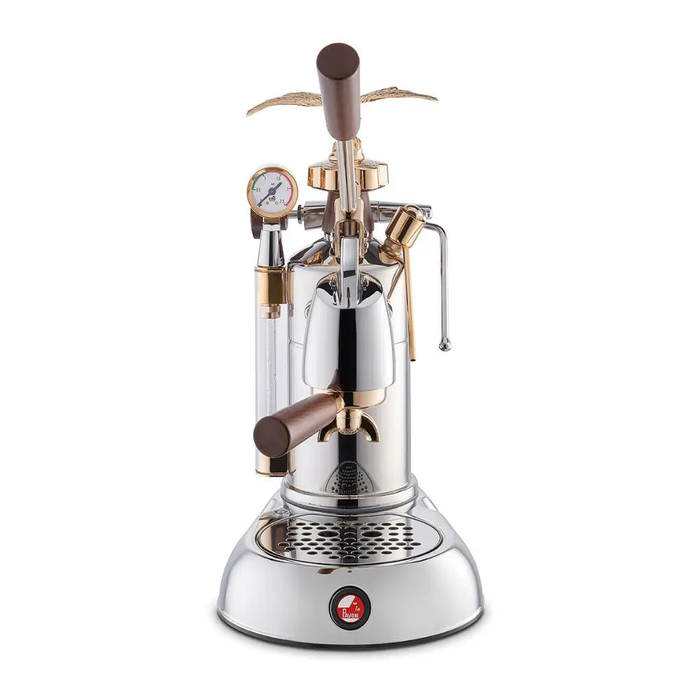 Front view of the La Pavoni Expo lever espresso machine, a single-group machine with a vintage design.