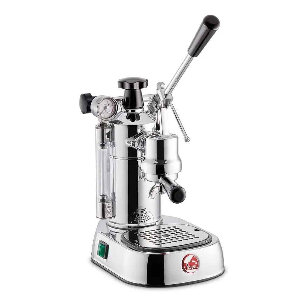 Angled view of the La Pavoni Professional Lusso lever coffee machine with a chrome finish and pressure gauge.