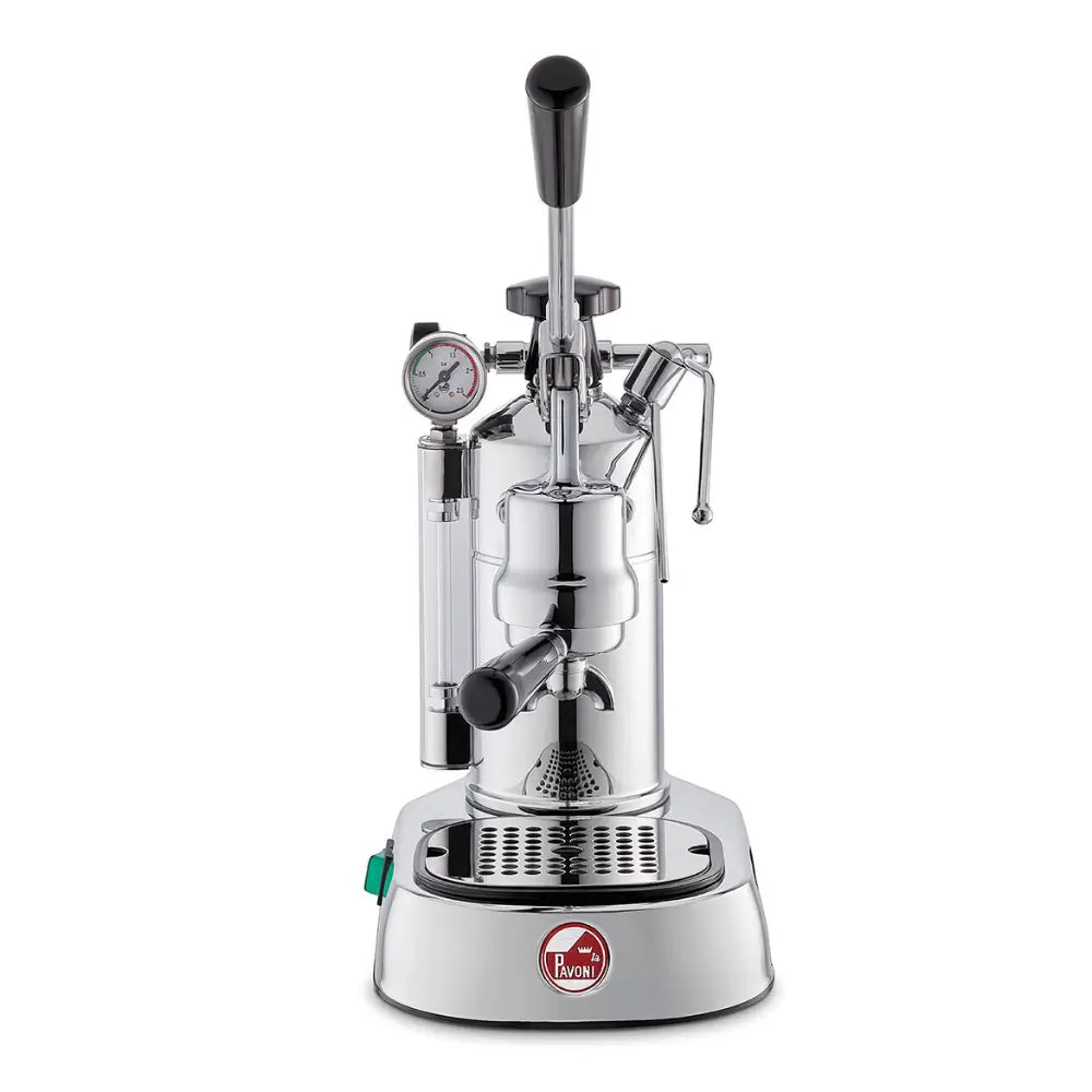Front view of the La Pavoni Professional Lusso lever espresso machine, a large-capacity home machine.
