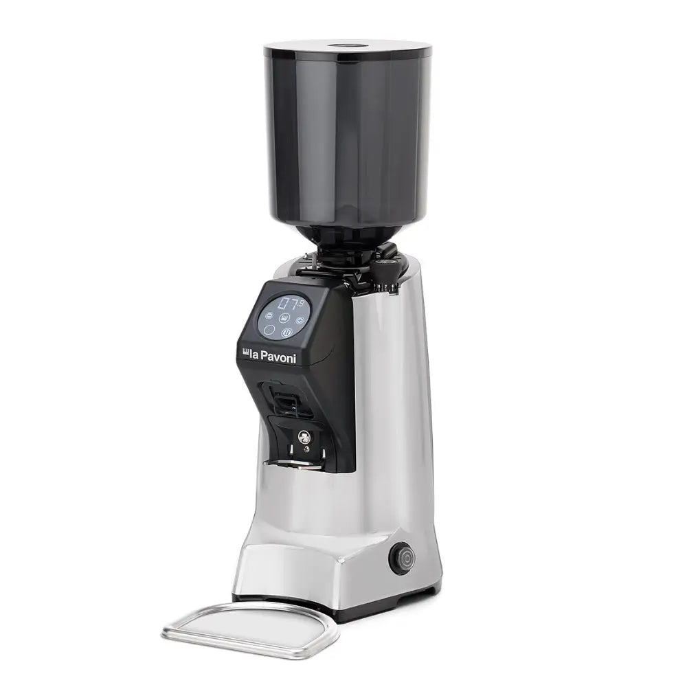 Angled product shot of the La Pavoni Zip Pro commercial coffee grinder.
