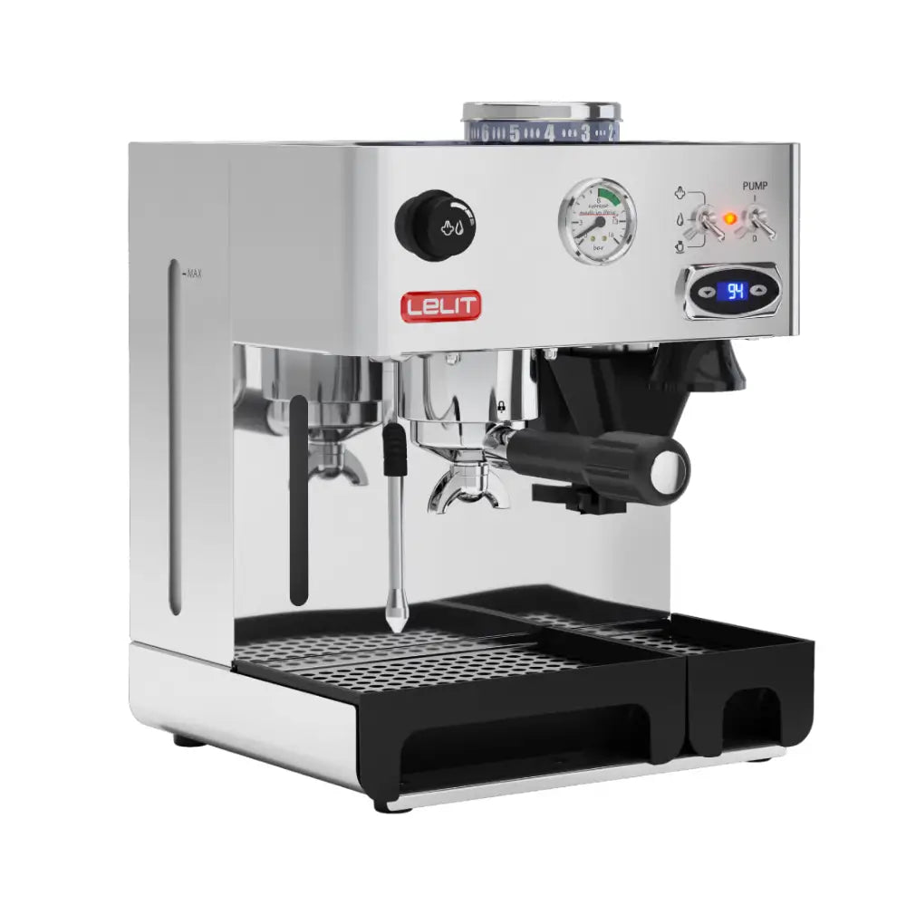Angled product shot of the Lelit Anita espresso machine, featuring its all-in-one design.