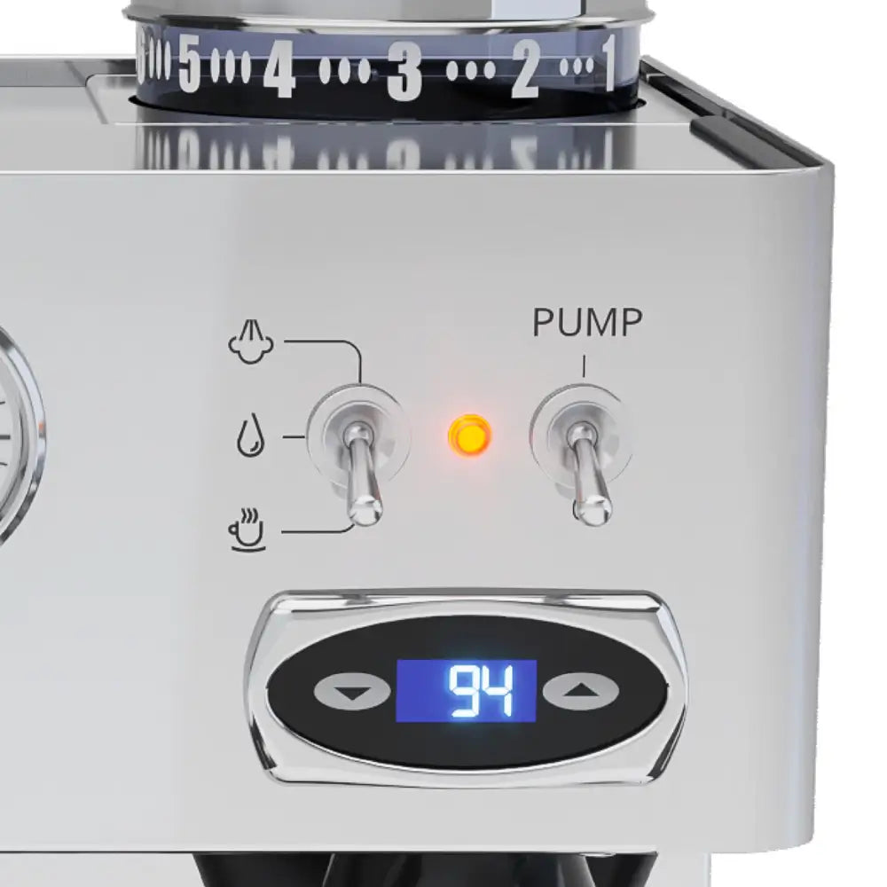 A close-up shot of the control panel and switches on the Lelit Anita espresso machine.