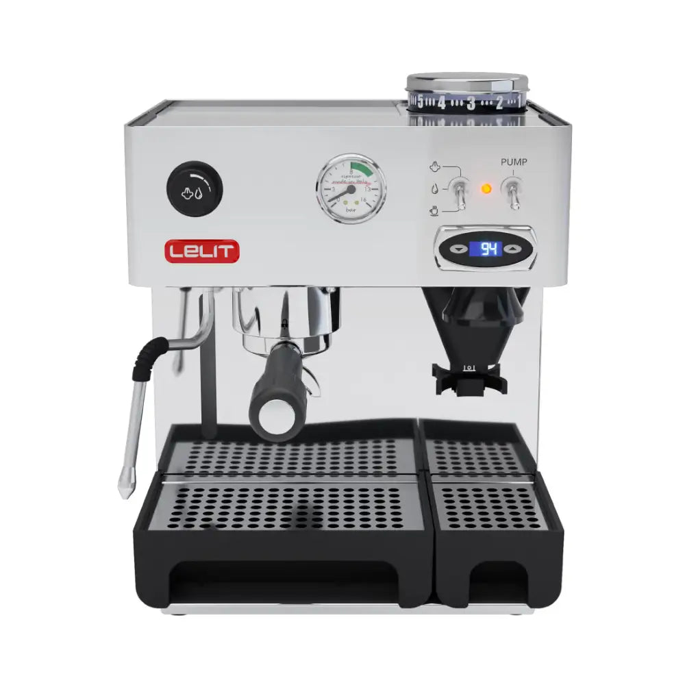 Front view of the Lelit Anita PL42TEMD espresso machine with PID and integrated grinder.