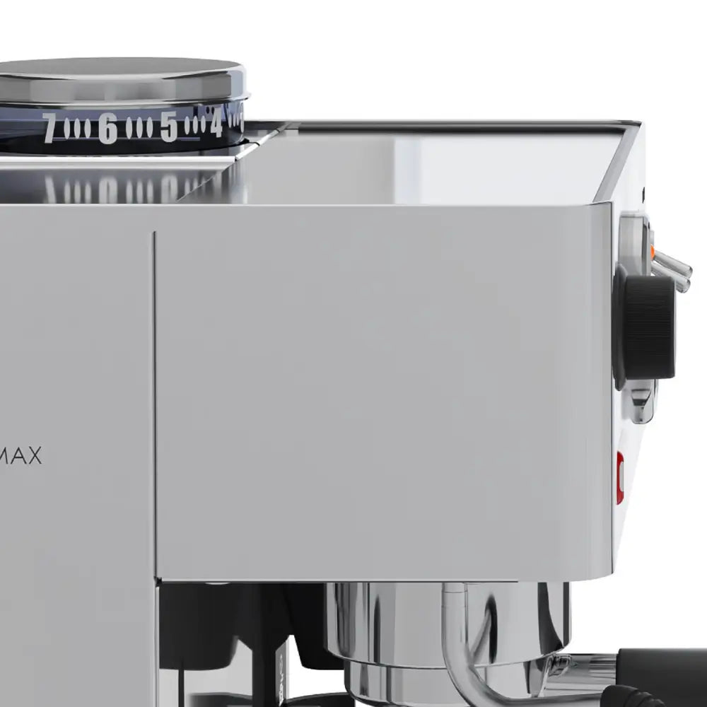 A close-up of the integrated coffee grinder hopper and adjustment dial on the Lelit Anita.