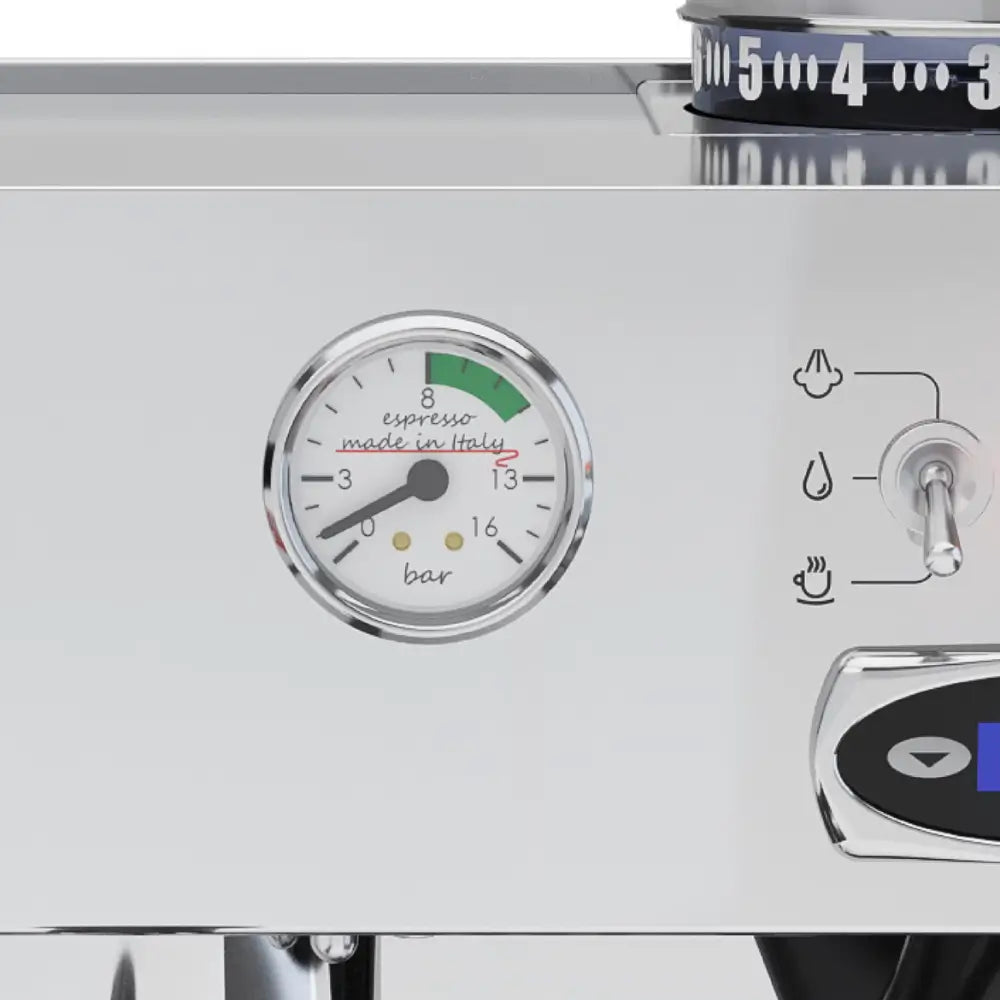A close-up view of the brew pressure gauge on the Lelit Anita espresso machine.
