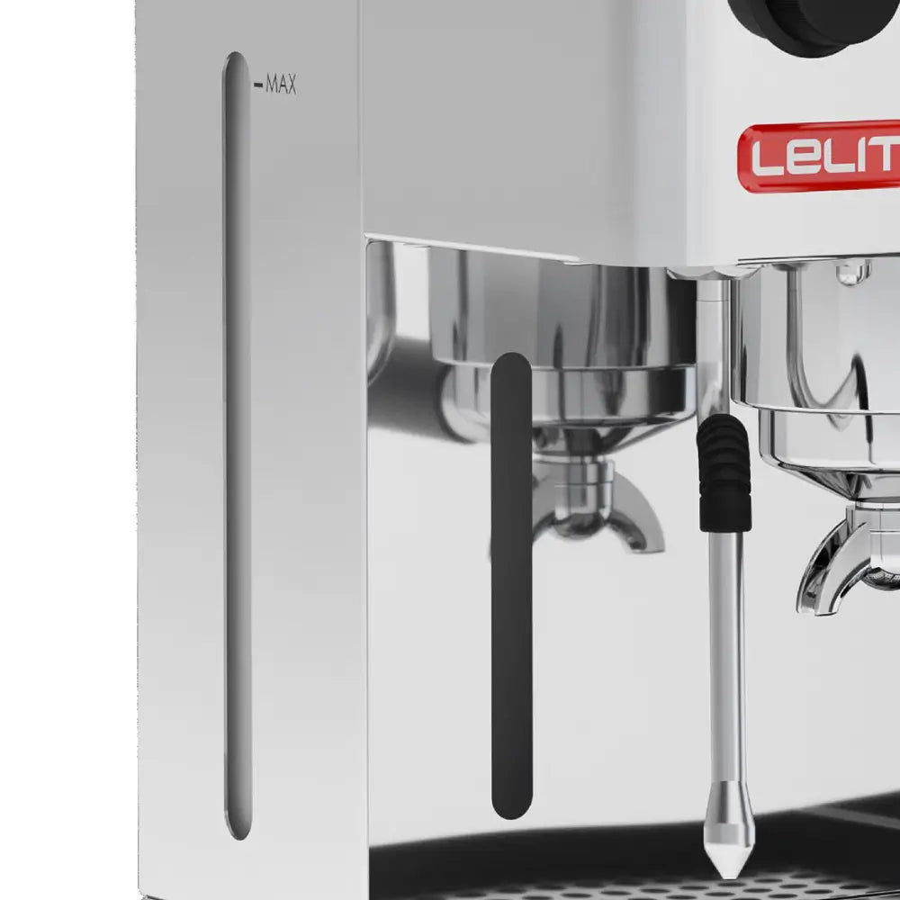 A close-up of the visible water tank with the max fill line on the Lelit Anita espresso machine.