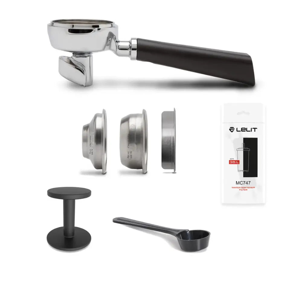 The Lelit Kate espresso machine accessories, including the portafilter, tamper, and water filter.