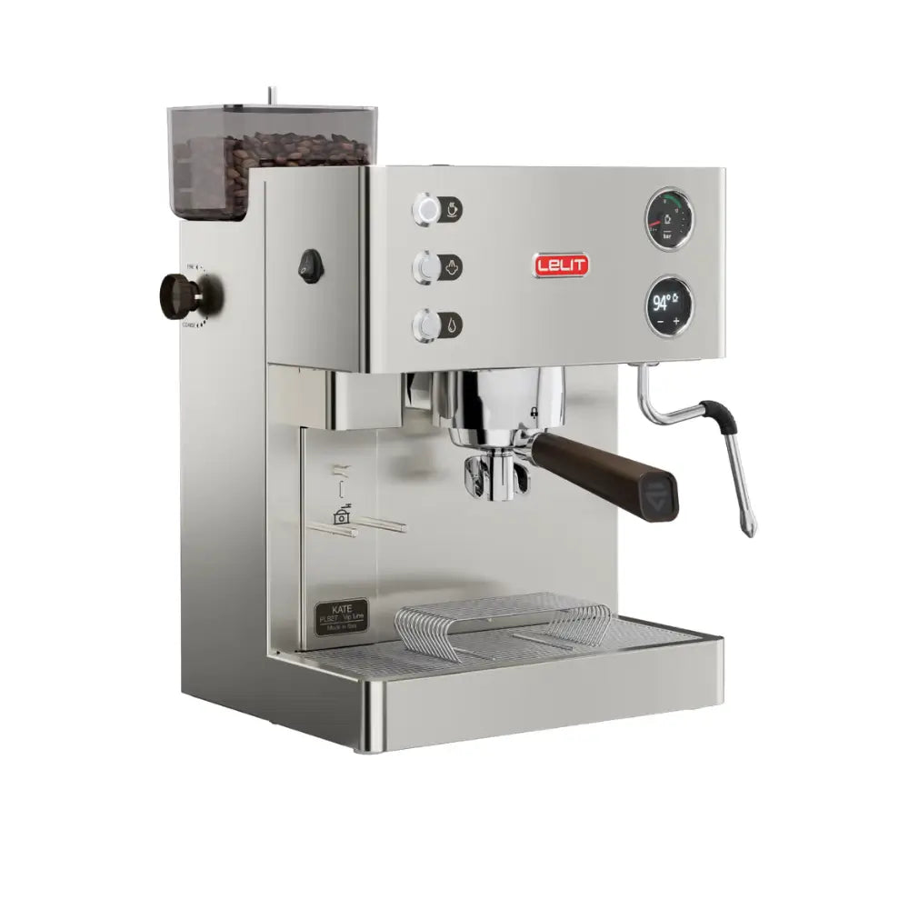 Angled view of the Lelit Kate, a high-quality all-in-one espresso machine and grinder combo.