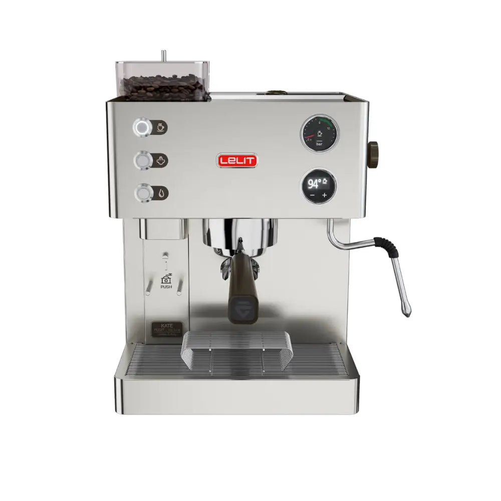 Front view of the Lelit Kate espresso machine with built-in grinder, on a white background.