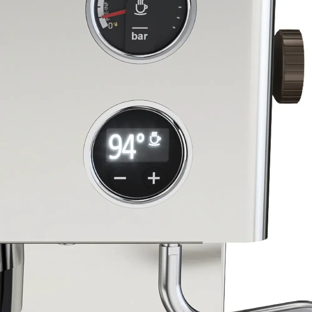 A detailed view of the digital PID temperature display on the Lelit Kate espresso machine.