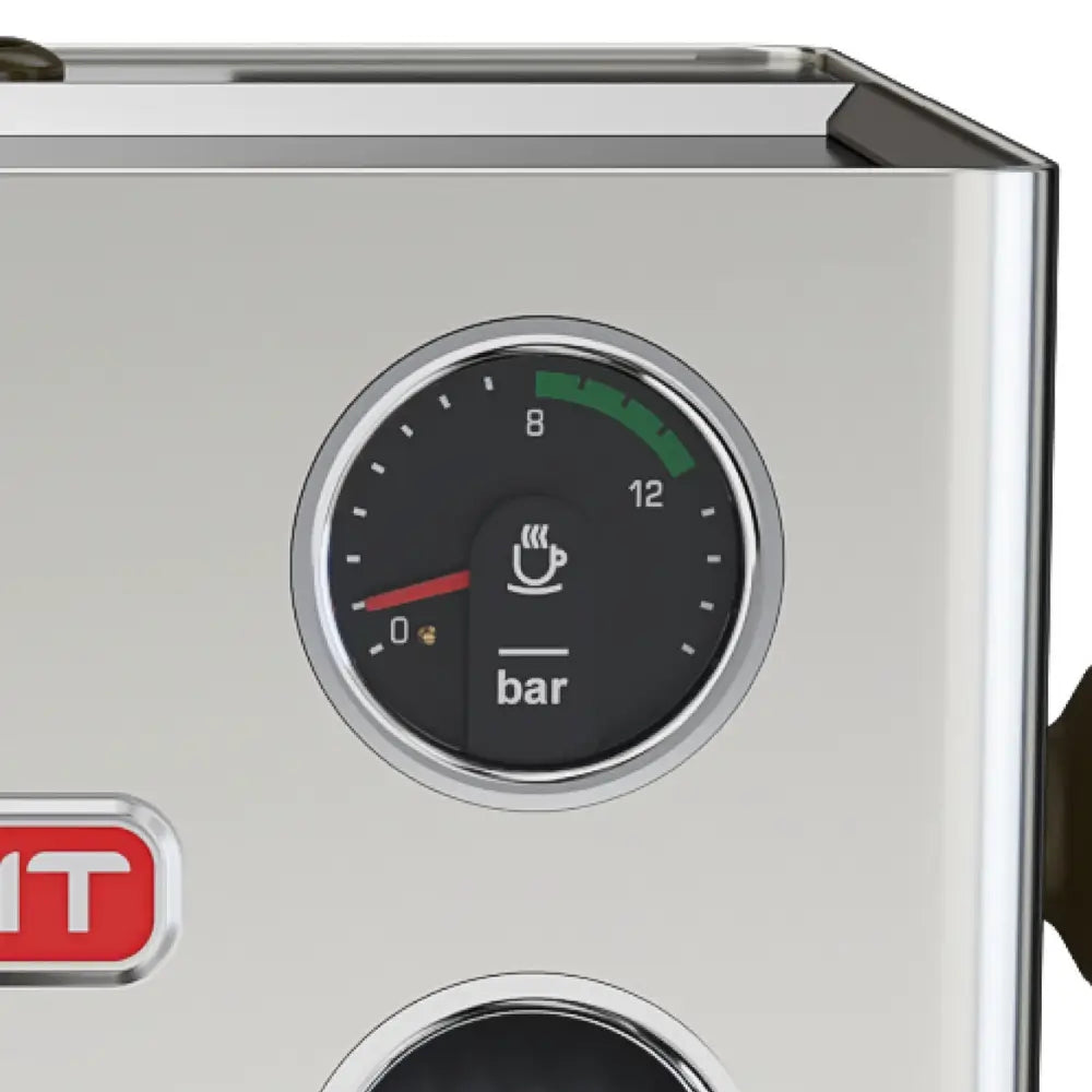 A close-up of the brew pressure gauge on the Lelit Kate espresso machine.