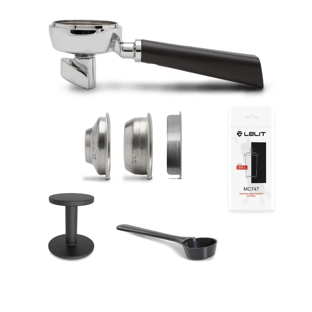 The Lelit Victoria espresso machine accessories, including the portafilter, tamper, and water filter.