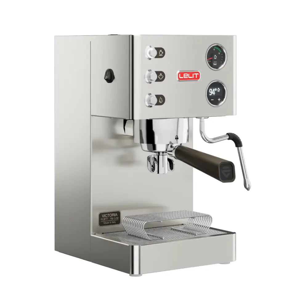 Angled product shot of the Lelit Victoria espresso machine, highlighting its design.
