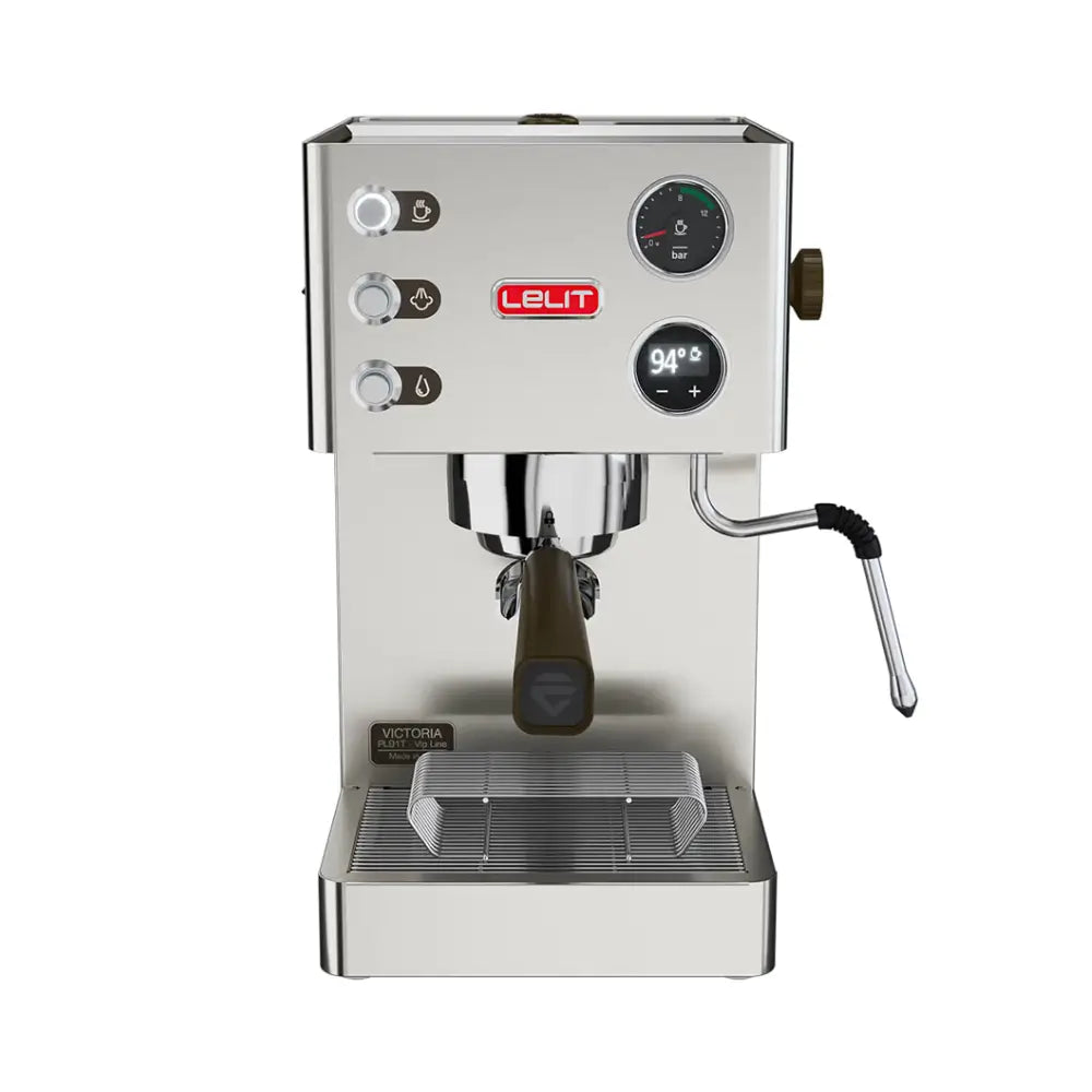 Front view of the Lelit Victoria espresso machine on a white background.