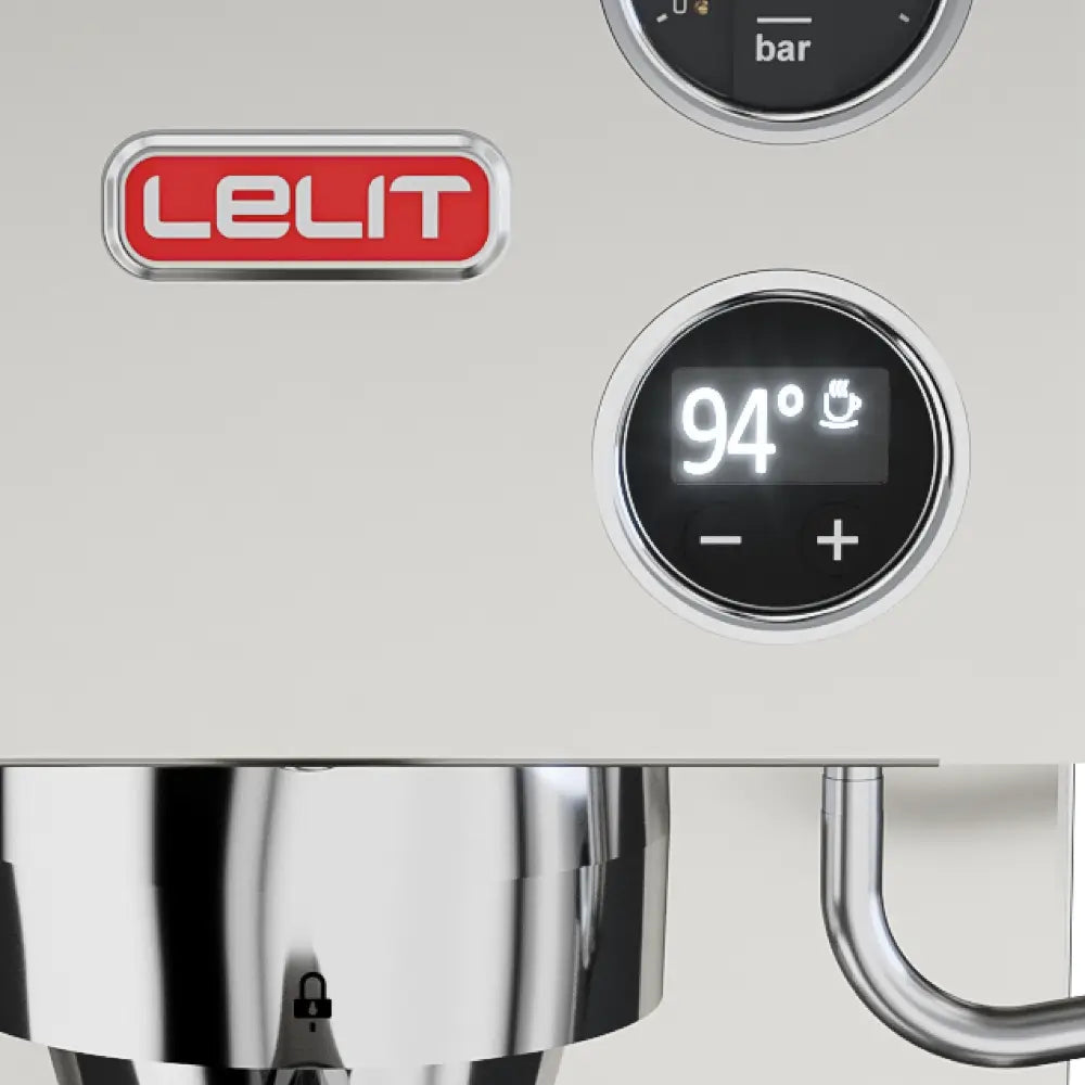 A close-up of the digital PID temperature display and Lelit logo on the Victoria espresso machine.