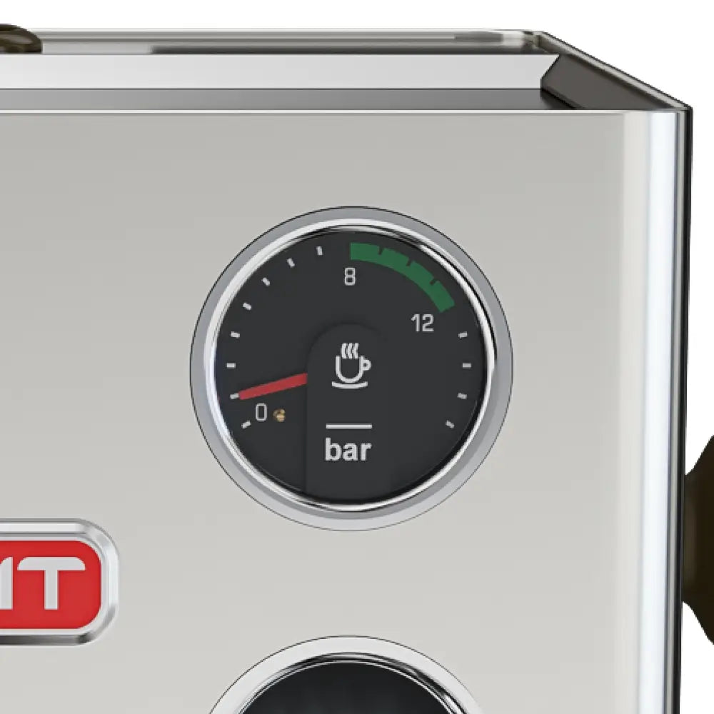A detailed view of the brew pressure gauge on the Lelit Victoria espresso machine.