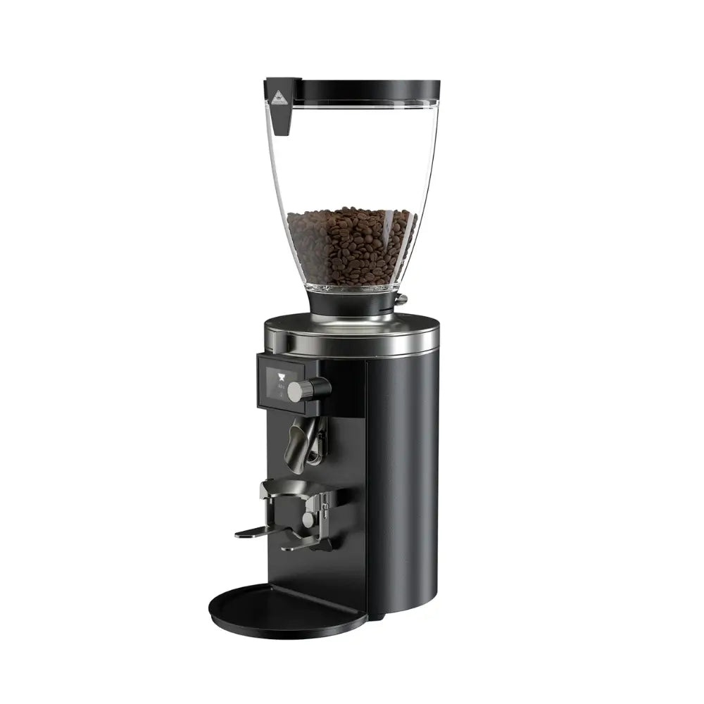 Mahlkönig E65S coffee grinder in black finish with bean hopper, angled view.
