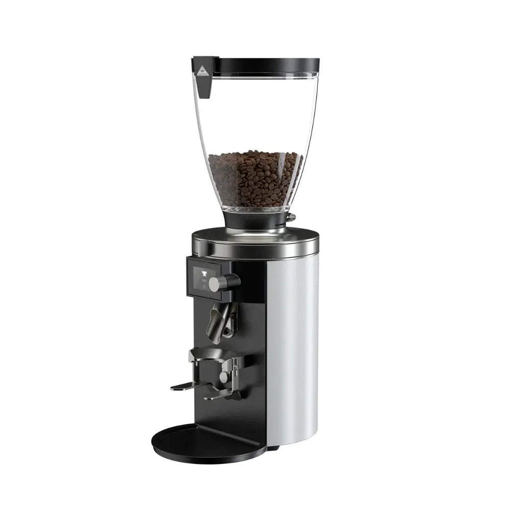 Mahlkönig E65S coffee grinder in white finish with bean hopper, angled view