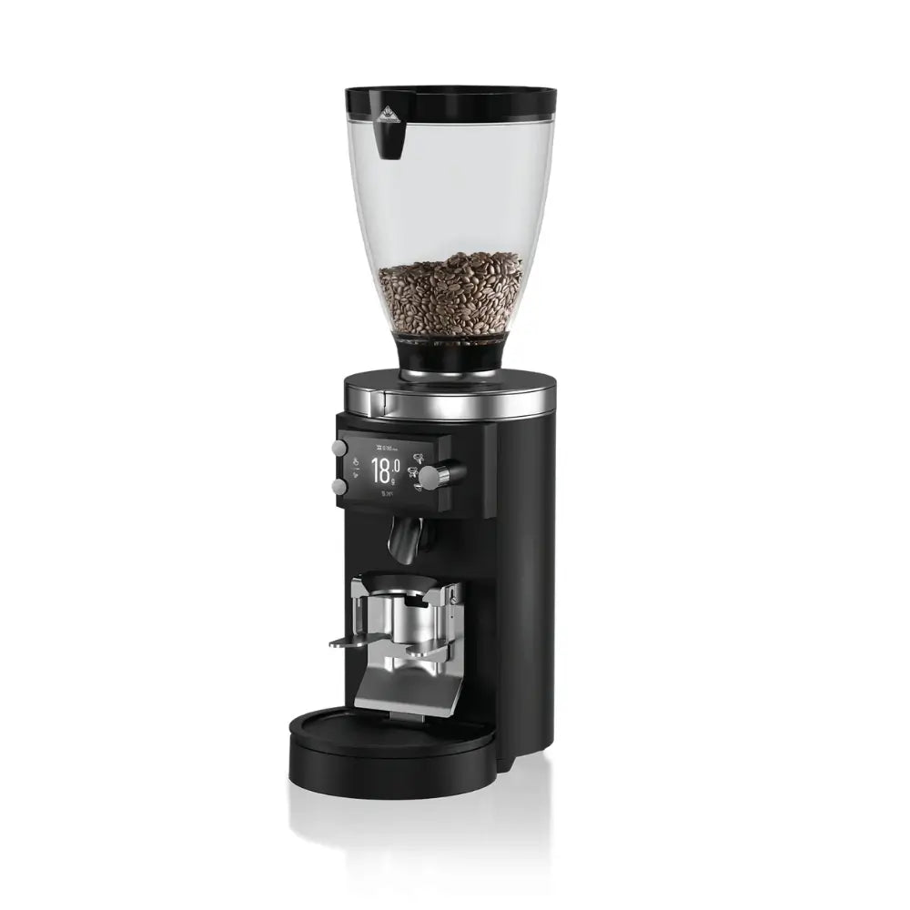 Mahlkönig E65S GBW espresso grinder in black finish, side view with bean hopper.