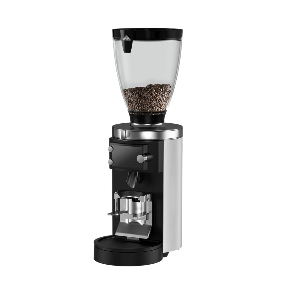 Mahlkönig E65S GBW espresso grinder in white, side view with bean hopper.