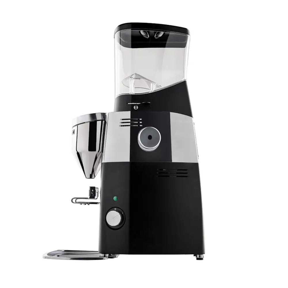 Side view of the black and silver Mazzer Kold S Electronic espresso grinder featuring a digital display and large hopper.
