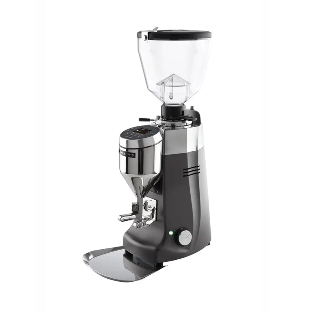 Front angled view of the dark grey Mazzer Kony S Electronic grinder featuring a digital display and conical burr system.