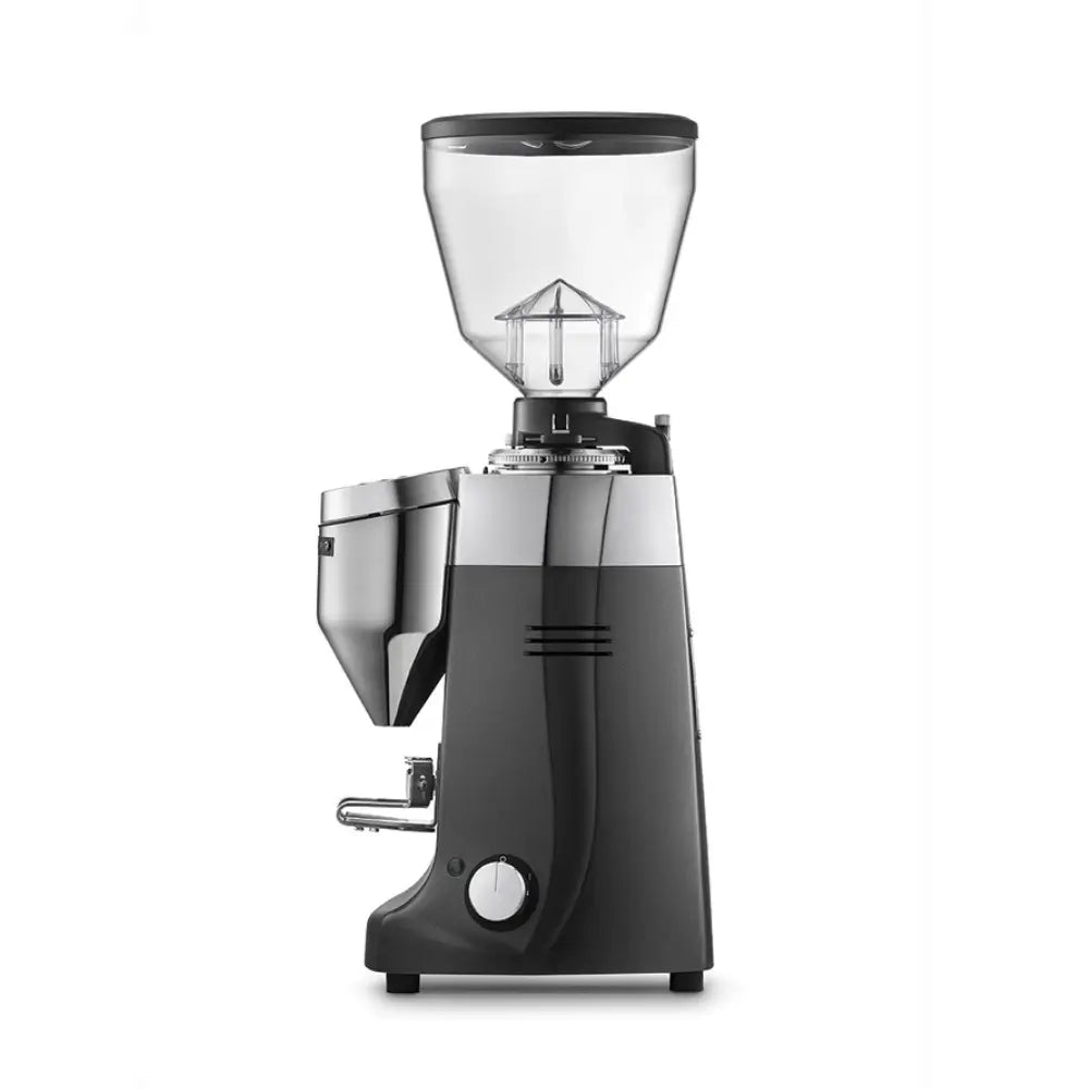 Side profile of the Mazzer Kony S Electronic espresso grinder highlighting its ergonomic design and large bean hopper.