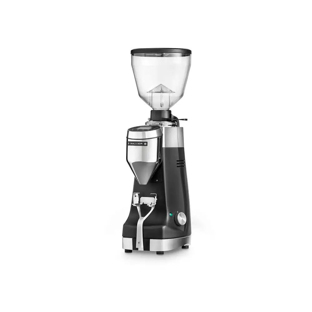 Front view of Mazzer Kony SG espresso grinder with portafilter holder