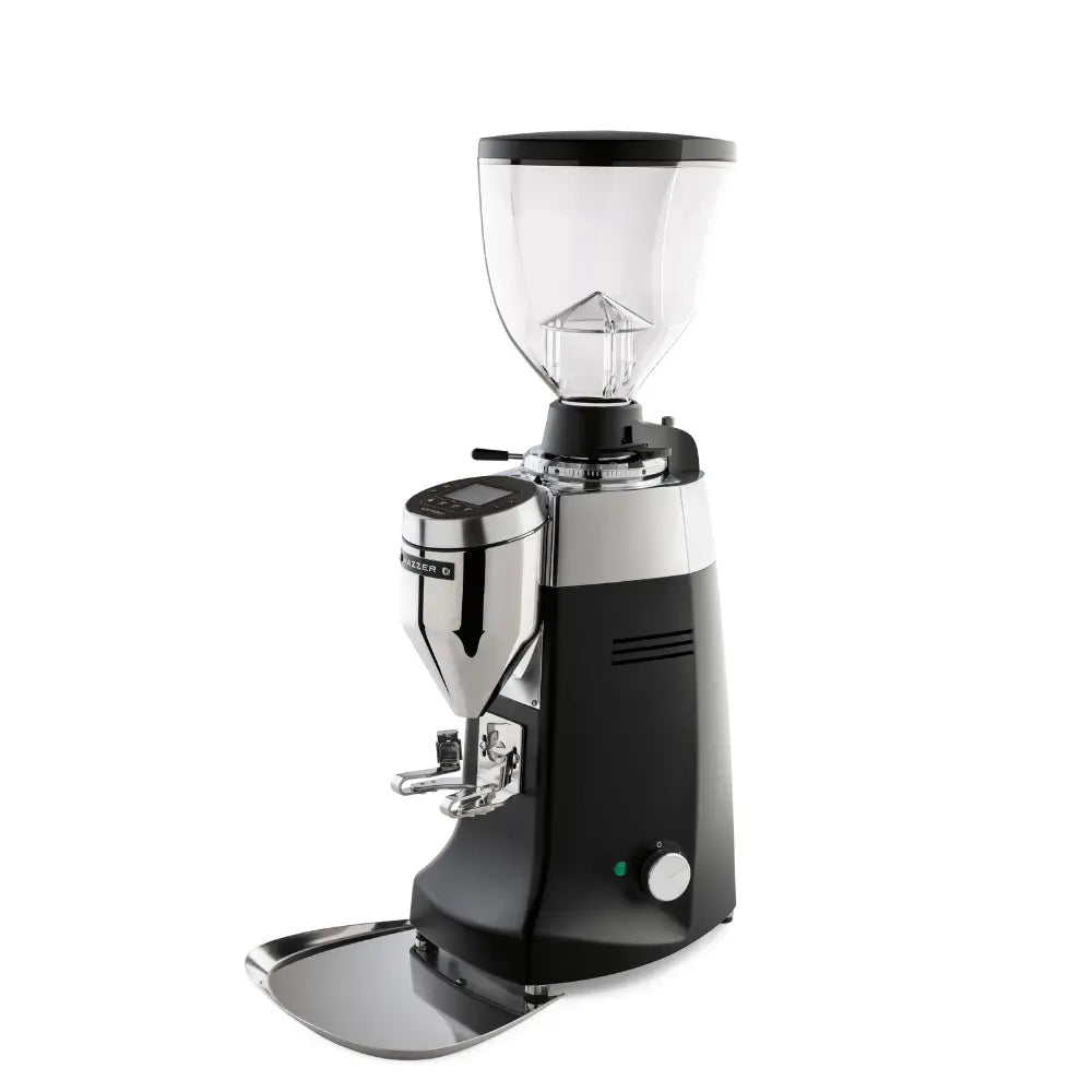 Side angled view of Mazzer Robur S Electronic grinder in black finish.
