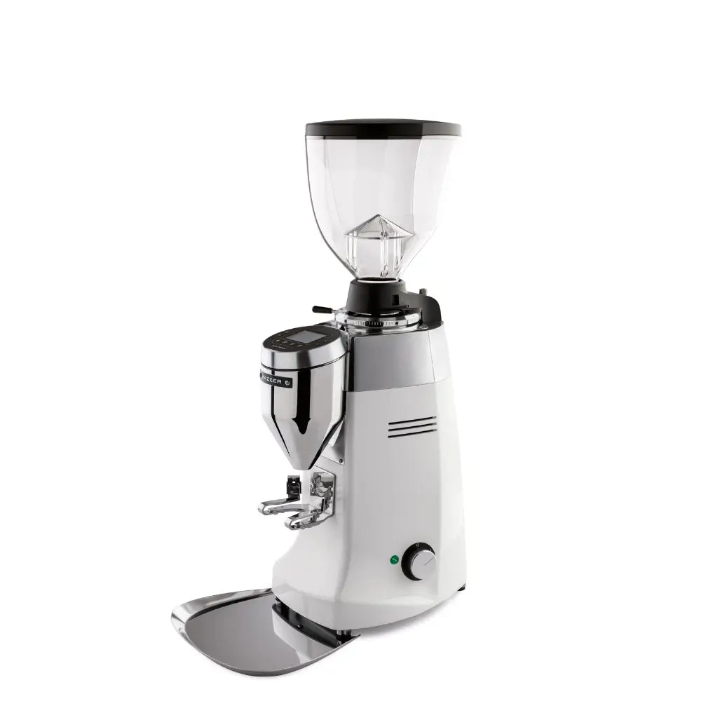 Side angled view of Mazzer Robur S Electronic grinder in white finish.