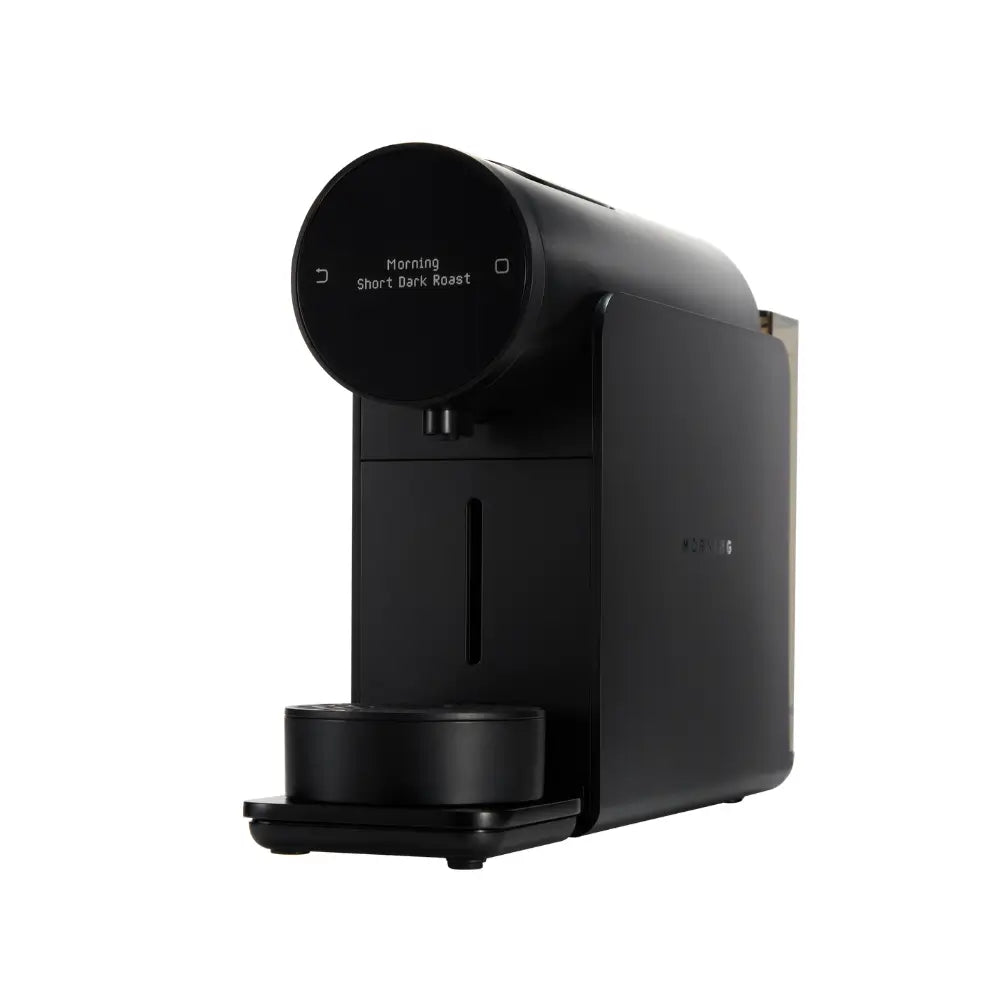 Morning Coffee Machine 220v angled view highlighting sleek black design.