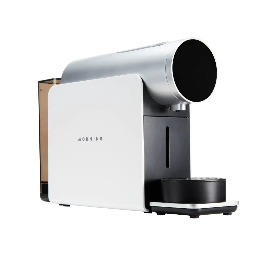 Morning Coffee Machine 220v angled view highlighting sleek white design.