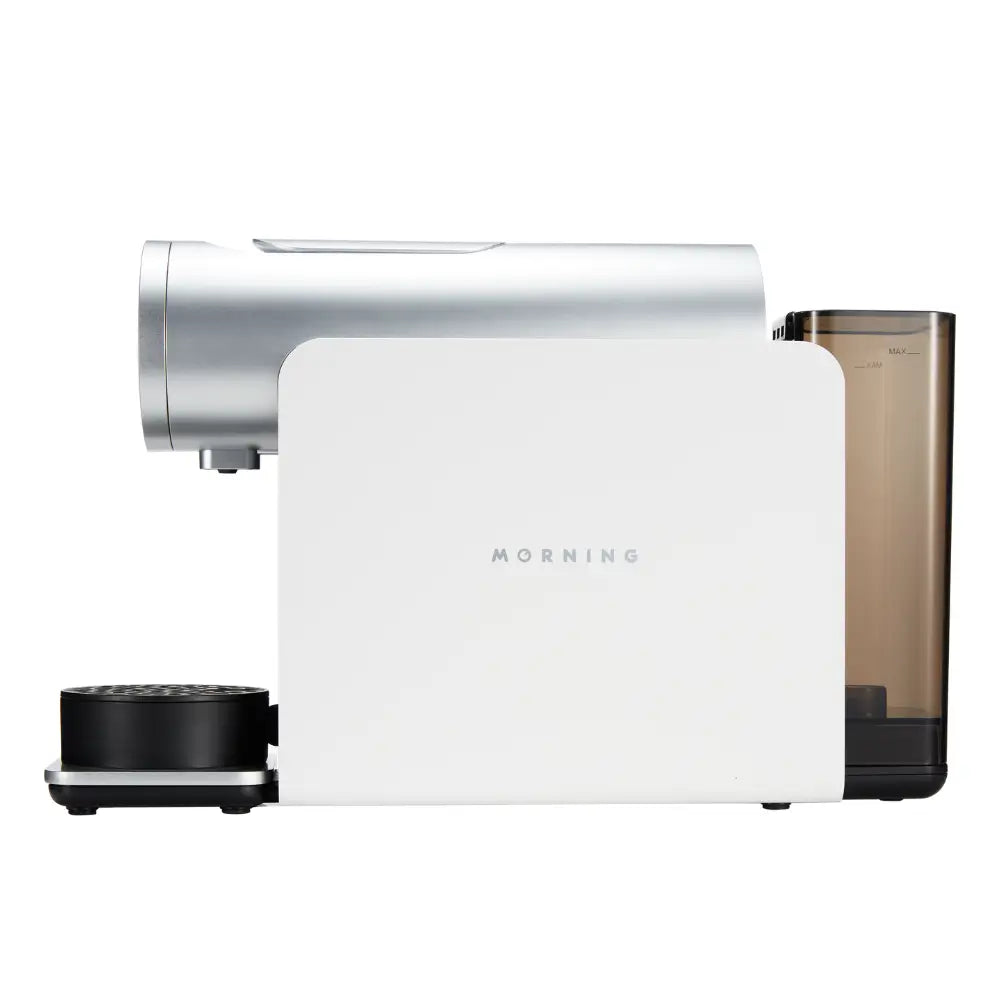 Morning Coffee Machine 220v in white, side profile with water tank visible.