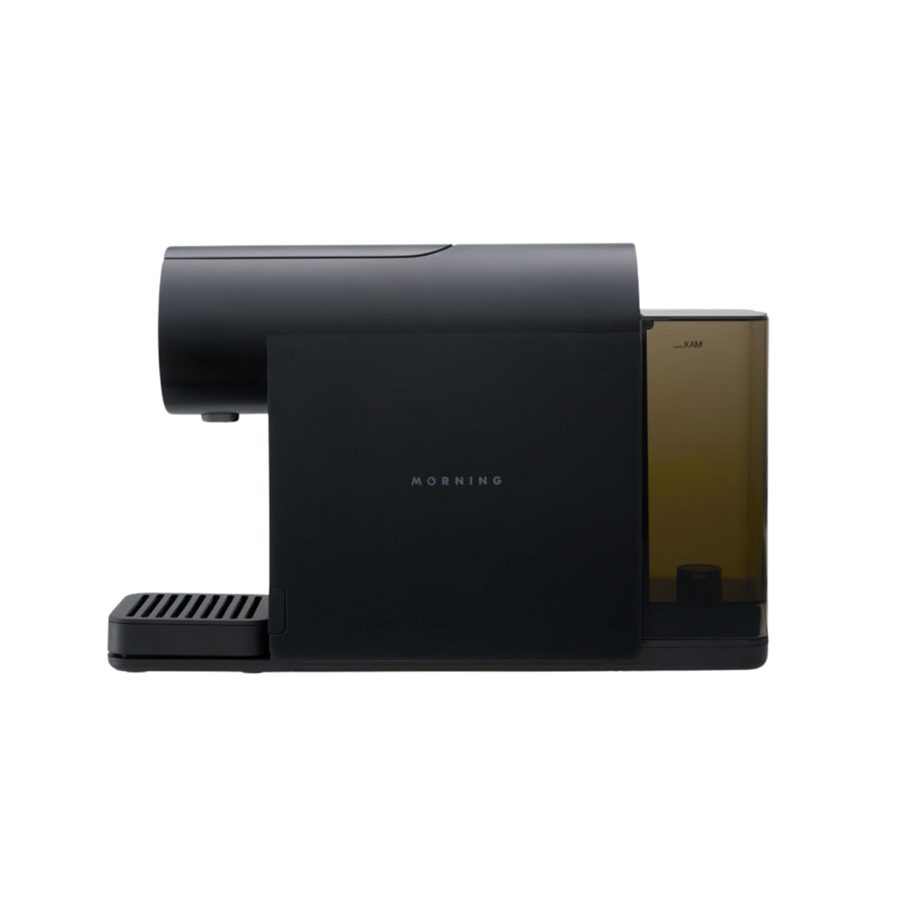 Side view of the Morning Mini Coffee Machine 220v in black with water tank attached.