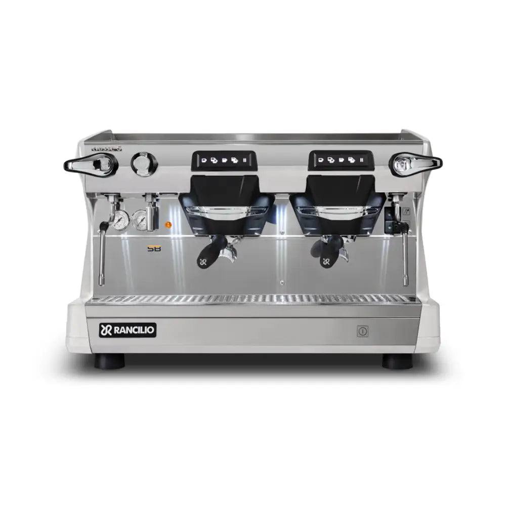The Rancilio Classe 5 USB 2 Group automatic commercial espresso machine in white, ideal for busy cafes and featuring Steady Brew technology.