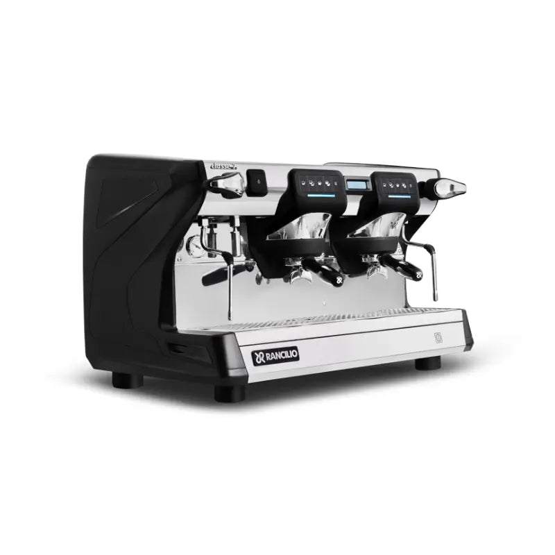 Angled view of Rancilio Classe 7 USB two group semi-automatic black espresso machine