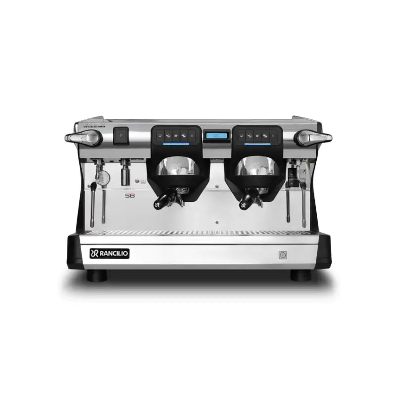 Front view of Rancilio Classe 7 USB two group semi-automatic black espresso machine