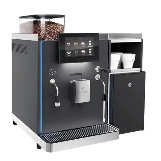 Angled view of the Rex-Royal S2 bean-to-cup coffee machine with milk fridge