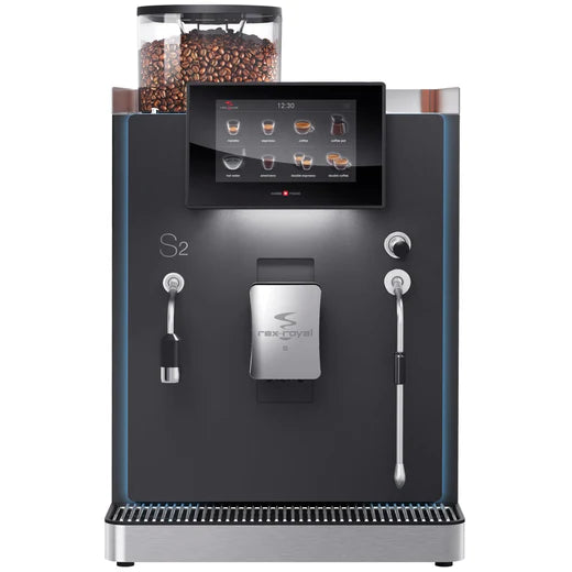 Front view of the Rex-Royal S2 coffee machine with touchscreen and outlets
