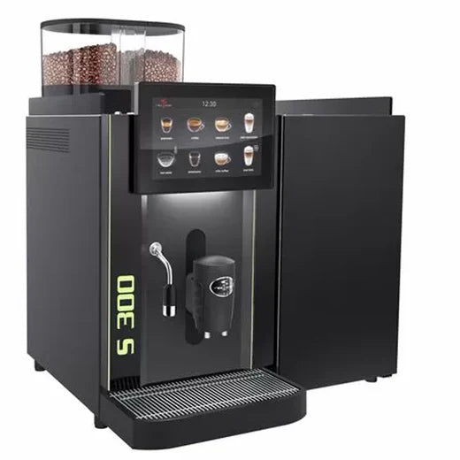 Side view of the Rex Royal S300 coffee machine with integrated touchscreen and connected milk fridge unit