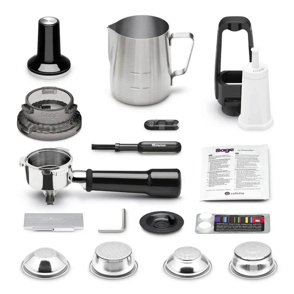 A layflat photo of all included Sage Barista Pro accessories, including the portafilter, tamper, and cleaning tablets.