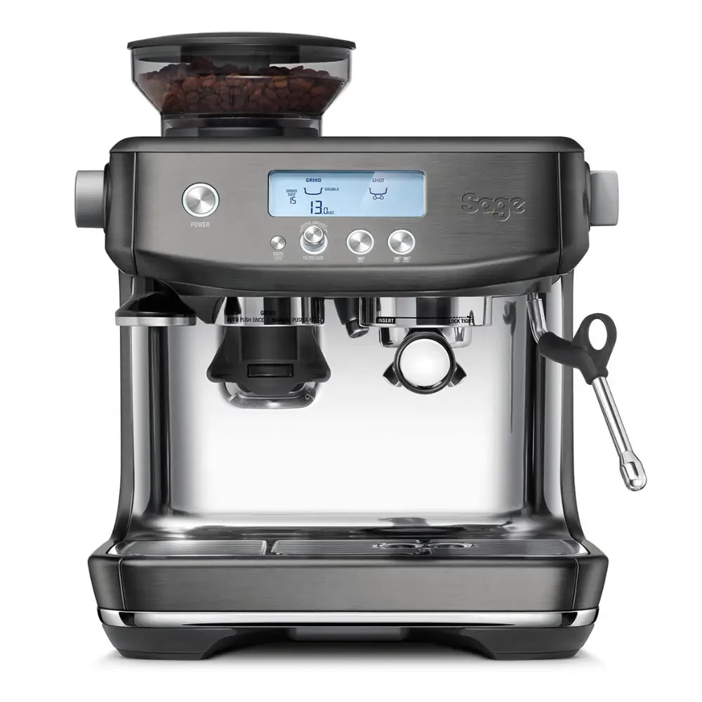 Front view of the Sage Barista Pro integrated machine in a black stainless steel colour.