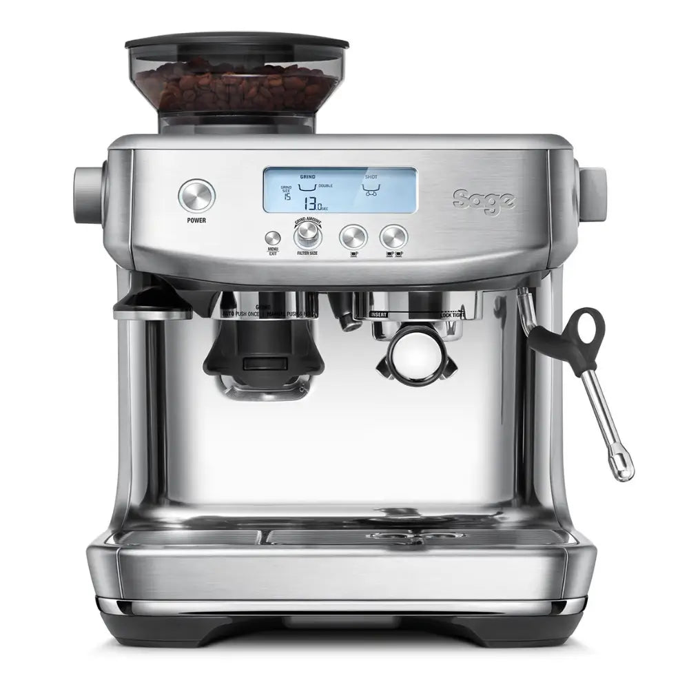 Front view of the Sage Barista Pro integrated espresso machine in brushed stainless steel.