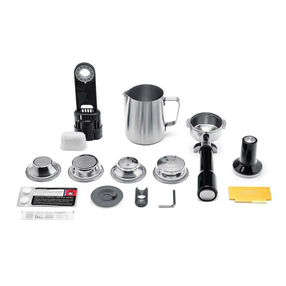 All included accessories for the Sage Dual Boiler, including the stainless steel milk pitcher, 58mm portafilter, and more.