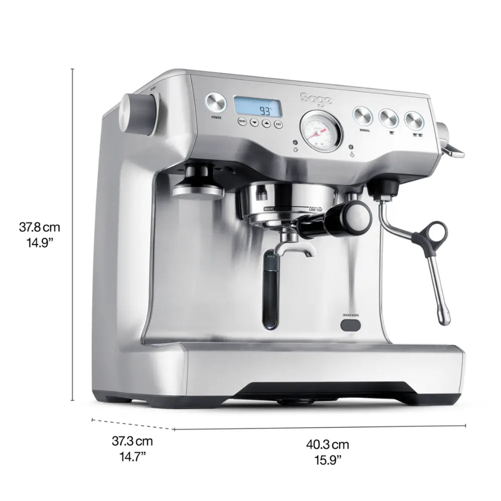 The Sage Dual Boiler espresso machine, showing its dimensions in brushed stainless steel.