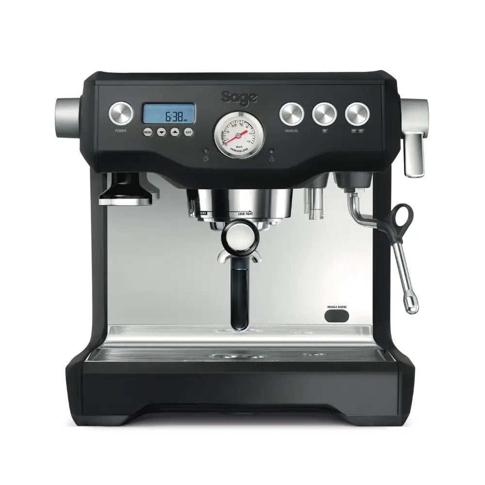Sage Dual Boiler espresso machine, a high-end stainless steel coffee maker for home baristas.