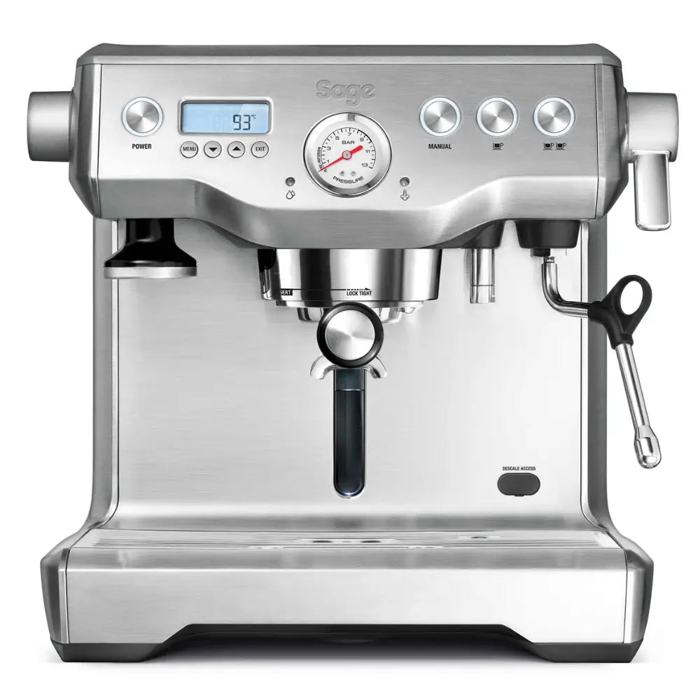 Sage Dual Boiler espresso machine, a high-end stainless steel coffee maker for home baristas.