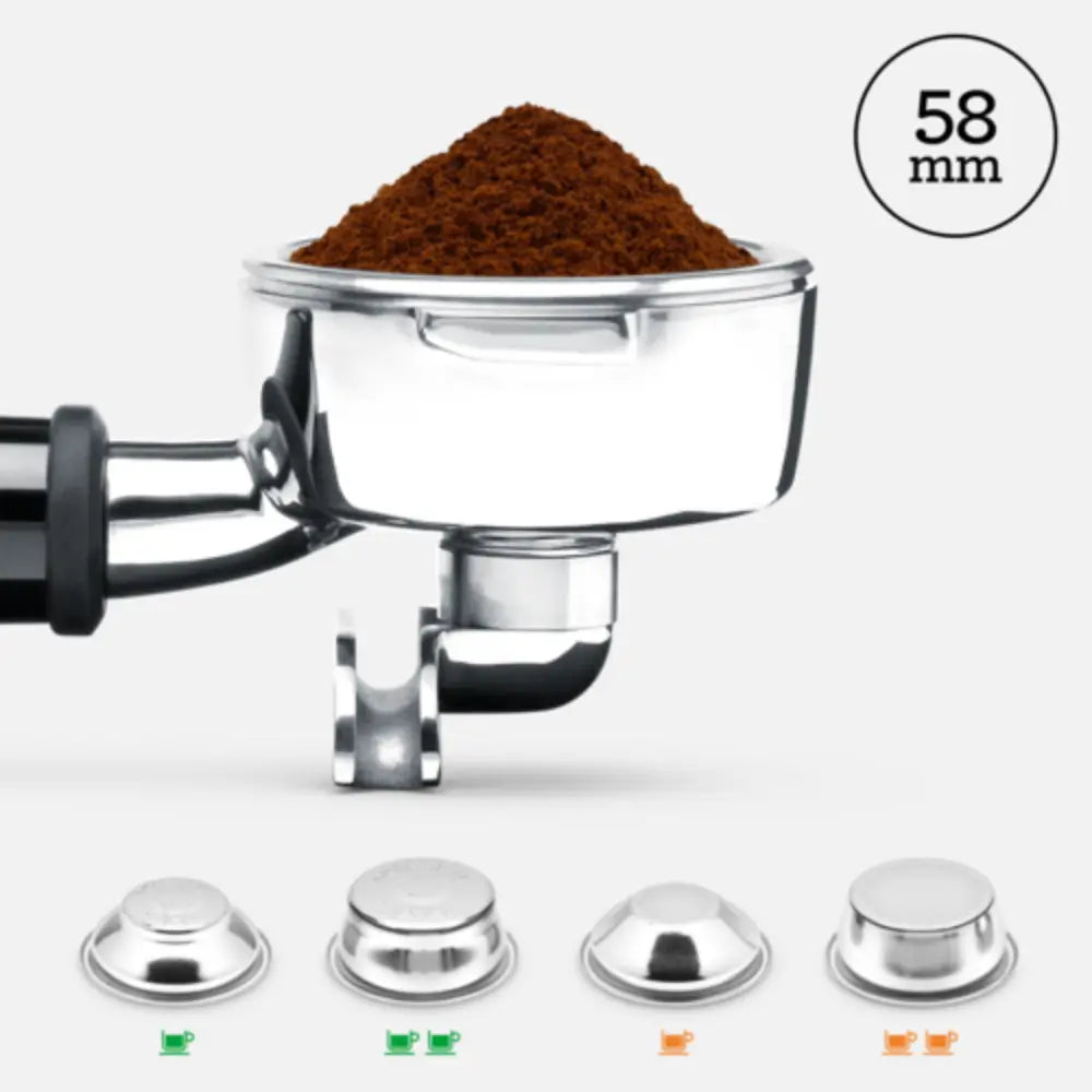 Close-up of the 58mm portafilter filled with ground coffee, showing the four single and dual wall filter baskets for the Dual Boiler.